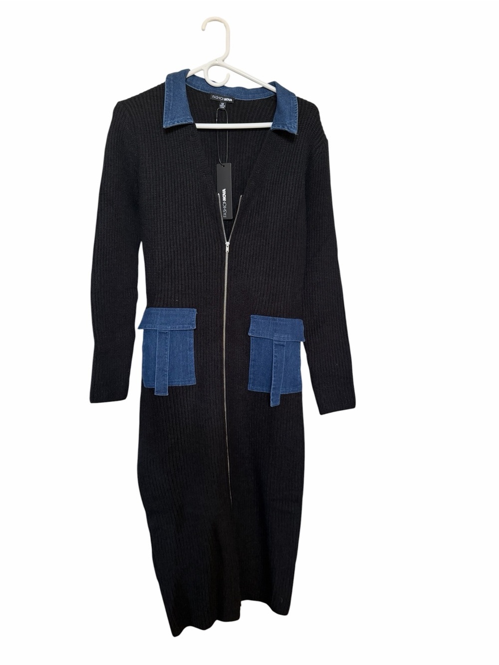 NWT Fashion Nova Black Long Sleeve Knit Dress with Blue Denim Trim